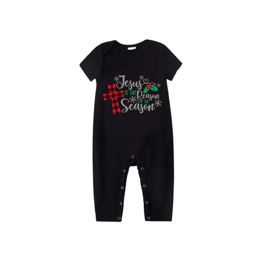 Jesus is the Reason Family Pajamas Set - Black Top Red Pants Red Plaid Sleeves Cross and Snowflake Print