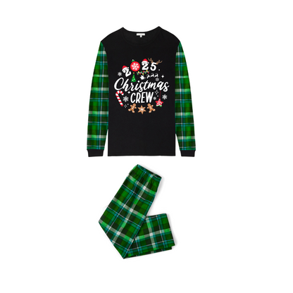 Christmas Crew 2025 Family Pajamas Set - Black Top, Green Pants, Blue-Green Plaid Sleeves, Gingerbread Candy Print