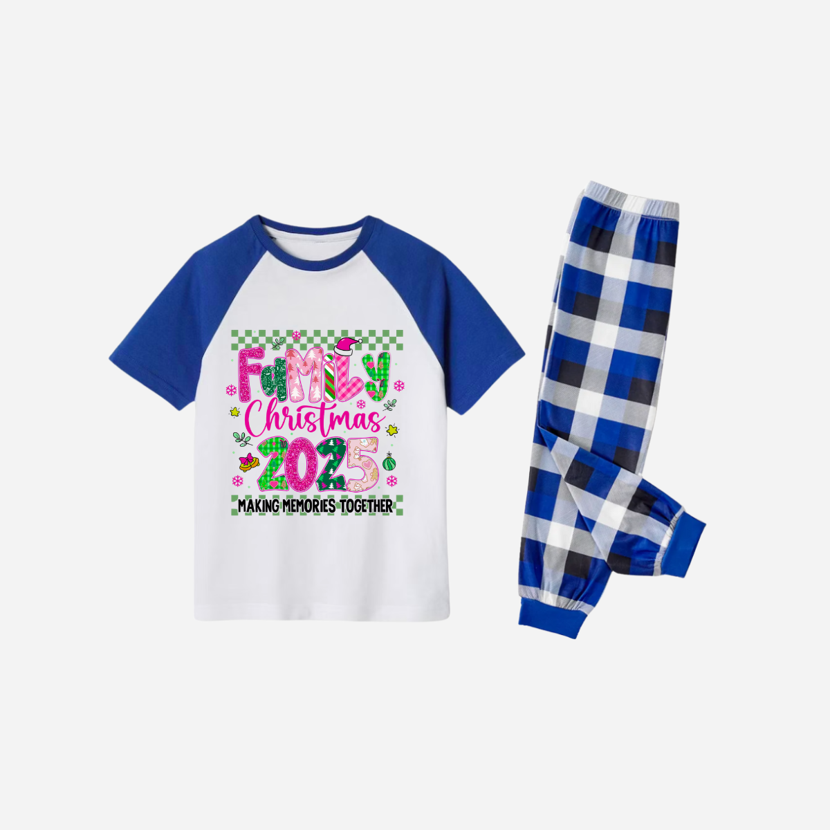 "Family Christmas 2025" Faux Glitter Blue and White Short Raglan Sleeves Christmas Pajamas Set