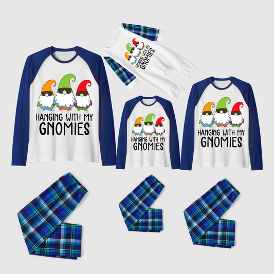 Hanging With My Gnomies Family Pajamas Set - White Top, Blue-Green Plaid Pants, Blue Solid Sleeves, Gnomes Print