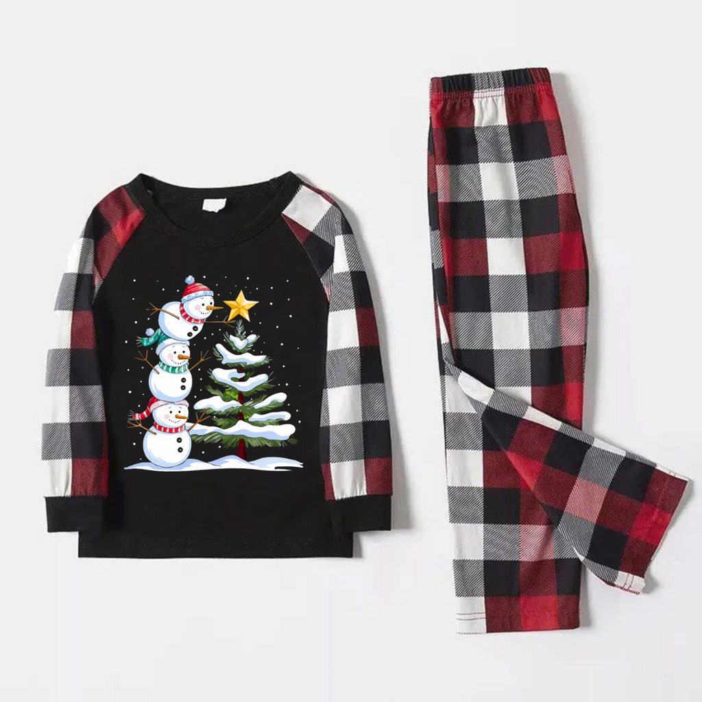 Red and Gray Plaid Christmas Couple Pajamas Set with Snowman & Christmas Tree Print