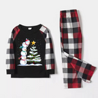 Red and Gray Plaid Christmas Couple Pajamas Set with Snowman & Christmas Tree Print