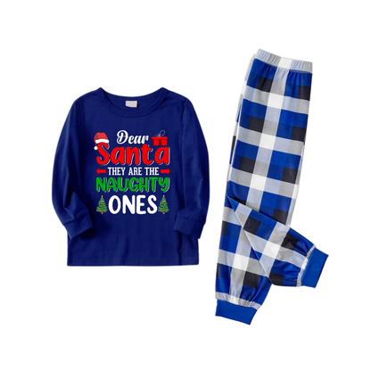 "Dear Santa They Are The Naughty Ones" Text Printed Blue and White Plaid Family Matching Pajamas