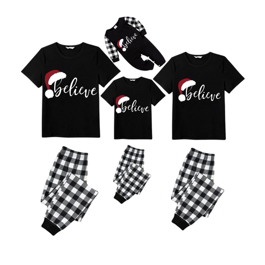 Believe Family Christmas Pajamas Set - Black Top Black and White Plaid Pants White Text Graphic