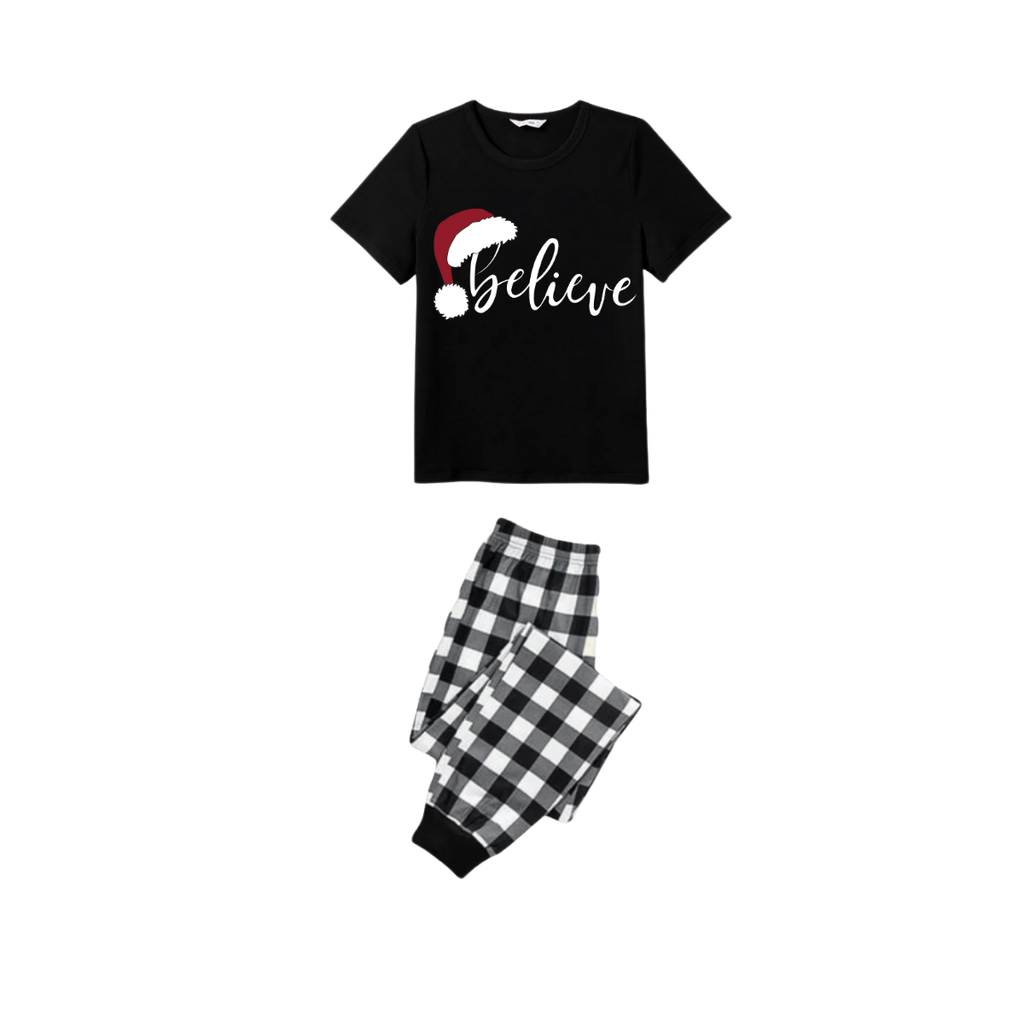 Believe Family Christmas Pajamas Set - Black Top Black and White Plaid Pants White Text Graphic