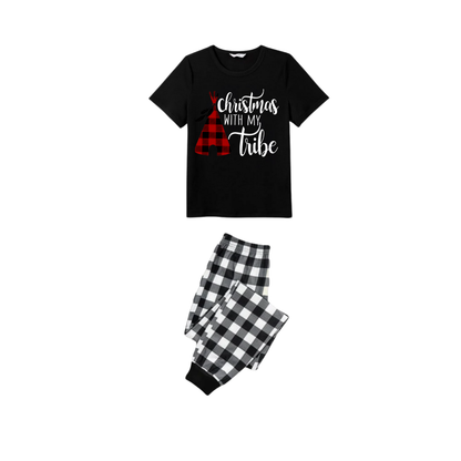 Christmas With My Tribe Family Christmas Pajamas Set - Black Top Black and White Plaid Pants White Text Graphic