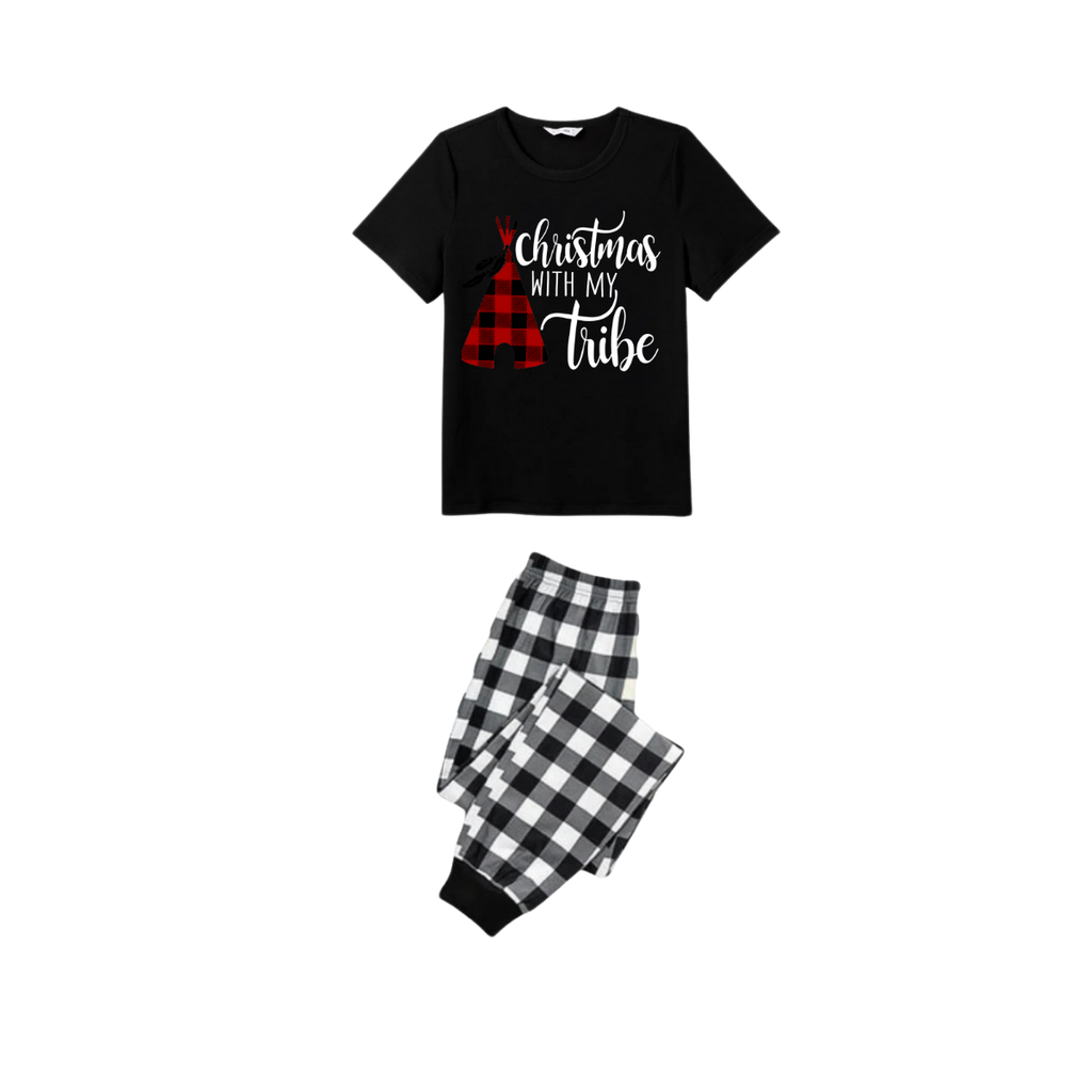 Christmas With My Tribe Family Christmas Pajamas Set - Black Top Black and White Plaid Pants White Text Graphic
