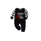 Christmas With My Tribe Family Christmas Pajamas Set - Black Top Black and White Plaid Pants White Text Graphic