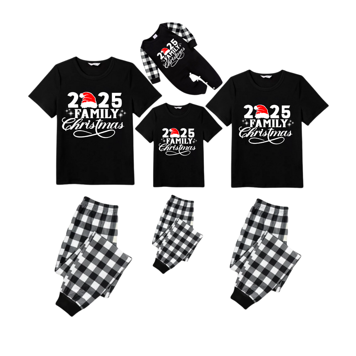 2025 Family Christmas Pajamas Set - Black Top Black and White Plaid Pants White Text Graphic