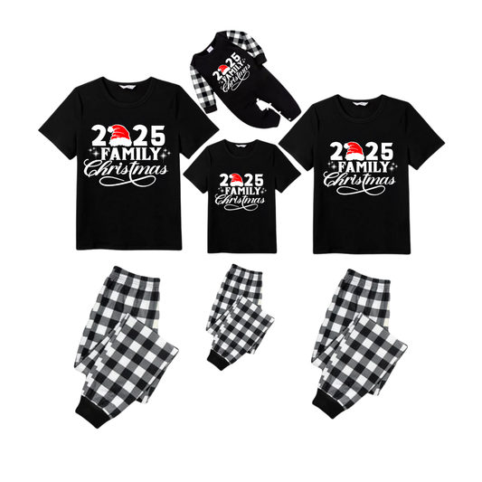 2025 Family Christmas Pajamas Set - Black Top Black and White Plaid Pants White Text Graphic