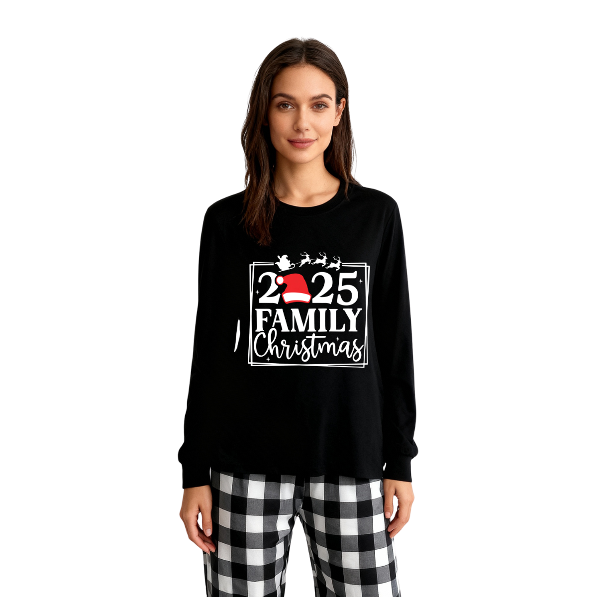 "2025 FAMILY CHRISTMAS" Text and Sleigh Pattern - Black Long Sleeve Top with Black And White Plaid Pants Family Matching Pajamas