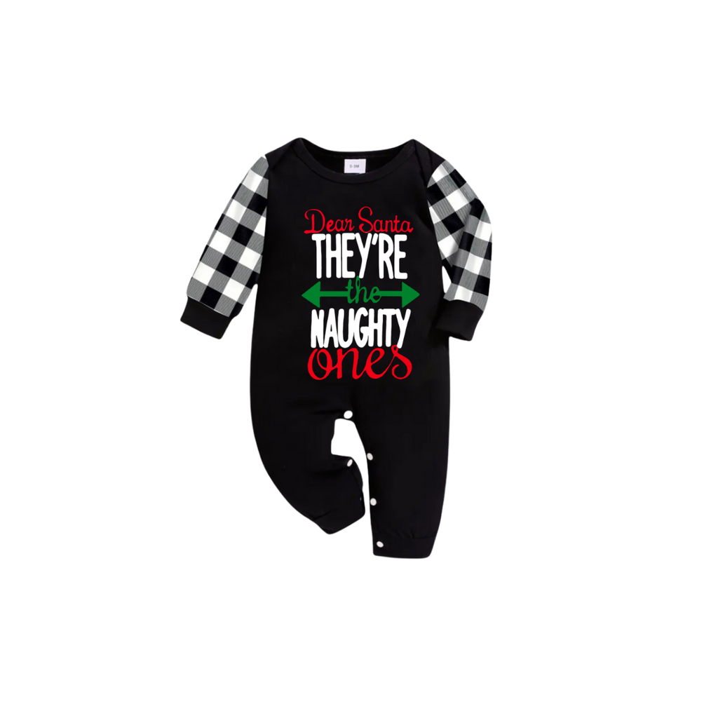 Dear Santa They're the Naughty Ones Family Christmas Pajamas Set - Black Top Black and White Plaid Pants White Text Graphic