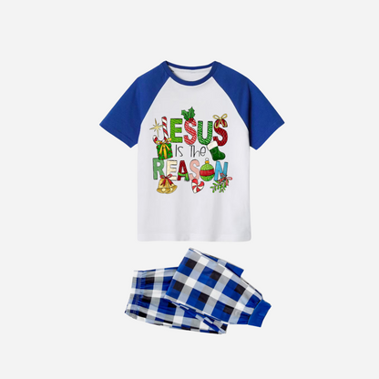 Christmas Cartoon Family Christmas Pajamas Set - White Top with Blue Sleeves and Blue Plaid Pants and “Jesus is the Reason” Design