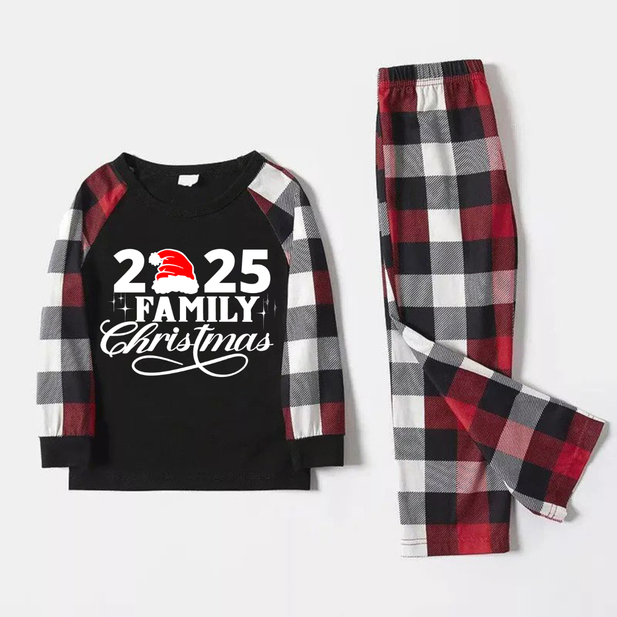 "2025 Family Christmas" Letter Print Red & Black & Grey & White Plaid Family Matching Pajamas