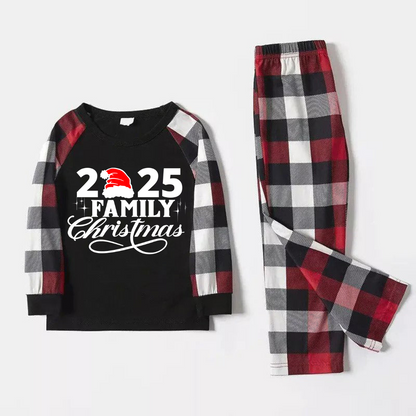 "2025 Family Christmas" Letter Print Red & Black & Grey & White Plaid Family Matching Pajamas
