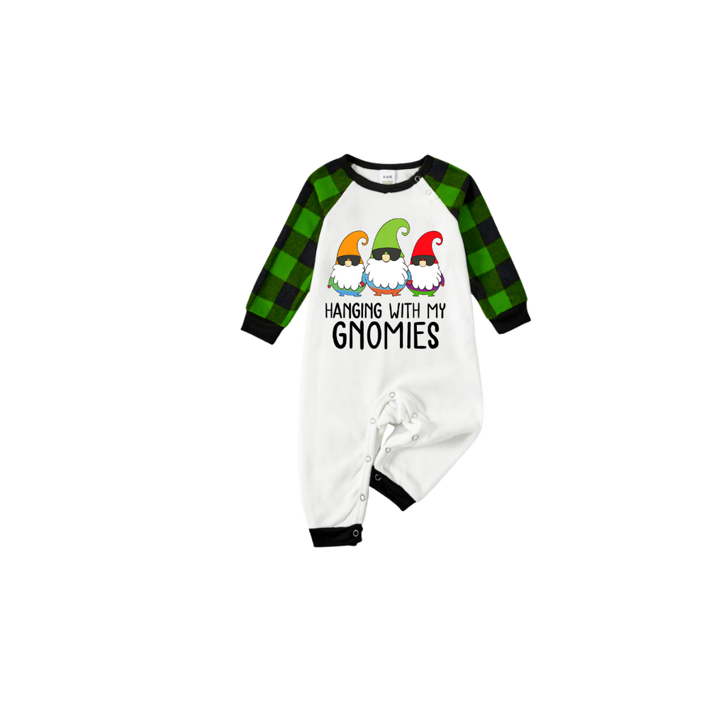 Hanging With My Gnomies Family Pajamas Set - White Top Green Sleeves Green Plaid Pants Colorful Gnomes Graphic