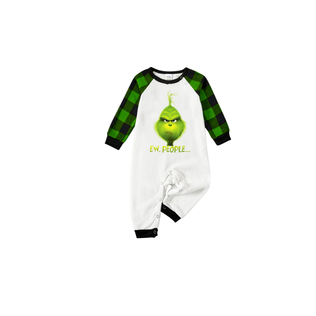 Grinch Ew People Family Pajamas Set - White Top Green Sleeves Green Black Plaid Pants Grinch Face Graphic
