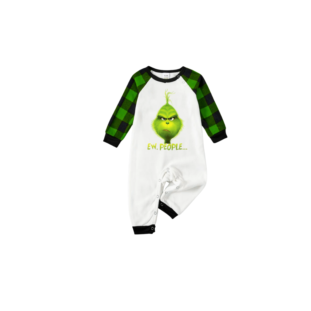 Grinch Ew People Family Pajamas Set - White Top Green Sleeves Green Black Plaid Pants Grinch Face Graphic