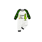 Christmas Grinch Family Pajamas Set - White top Green plaid pants Green raglan sleeves Grinch face with Ew People text