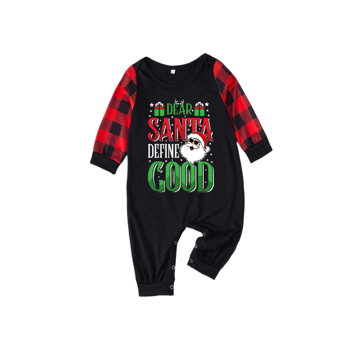 "Dear Santa Define Good" Slogan Printed Black and Red Plaid Christmas Matching Pajamas