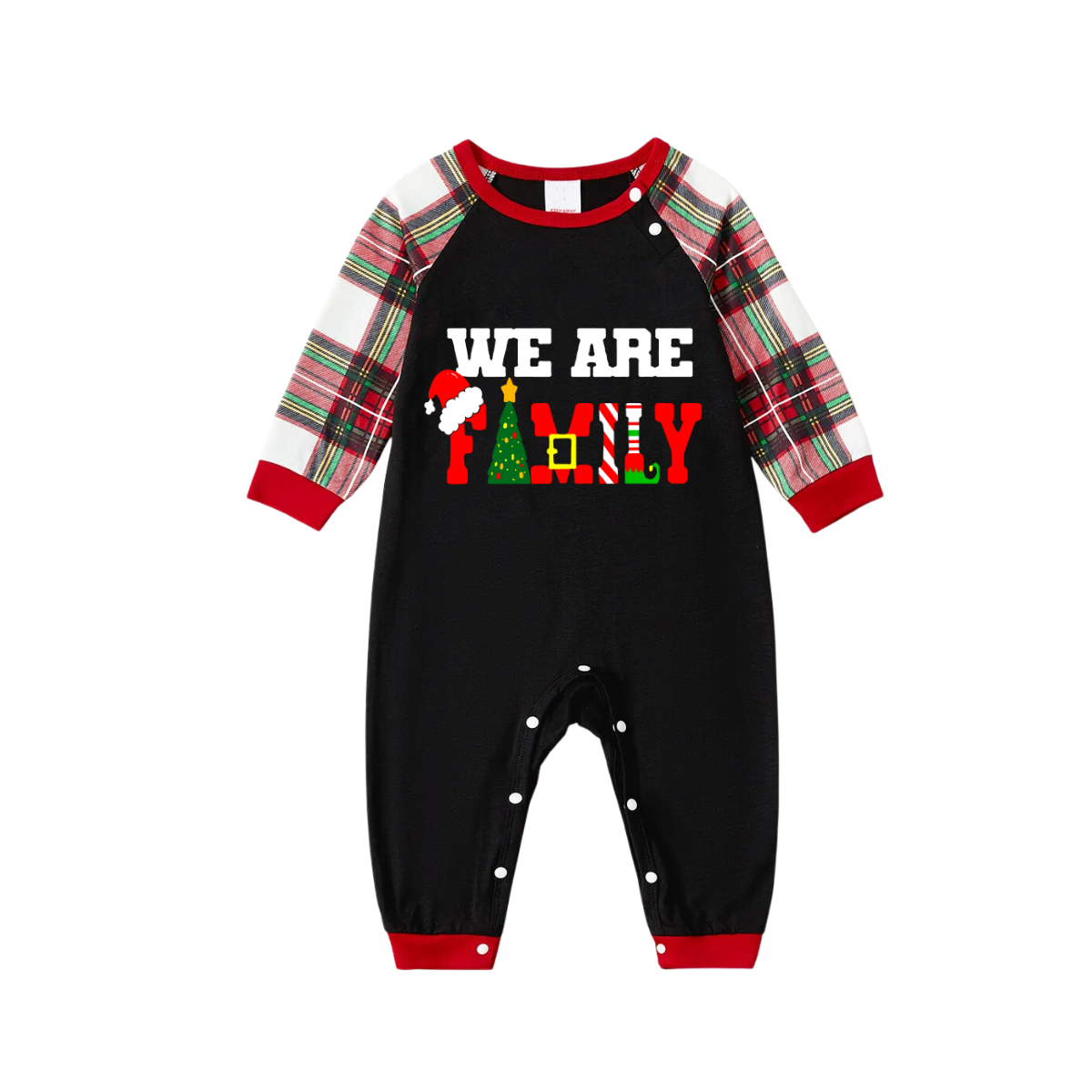 Christmas "We are Family" Text Print Black Long Sleeve Top with Red & White & Green Plaid Family Matching Pajamas