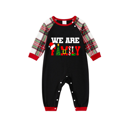 Christmas "We are Family" Text Print Black Long Sleeve Top with Red & White & Green Plaid Family Matching Pajamas
