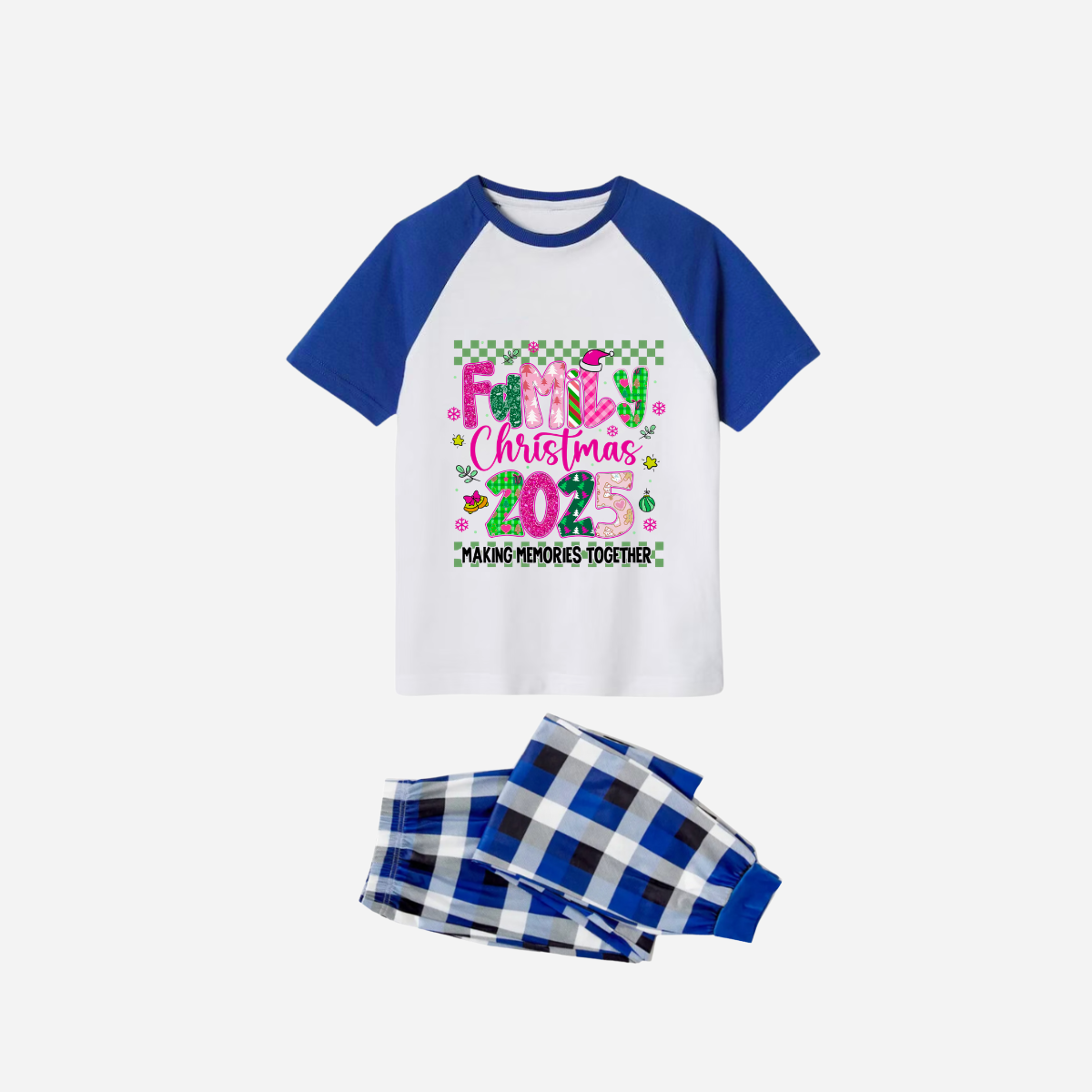 "Family Christmas 2025" Faux Glitter Blue and White Short Raglan Sleeves Christmas Pajamas Set