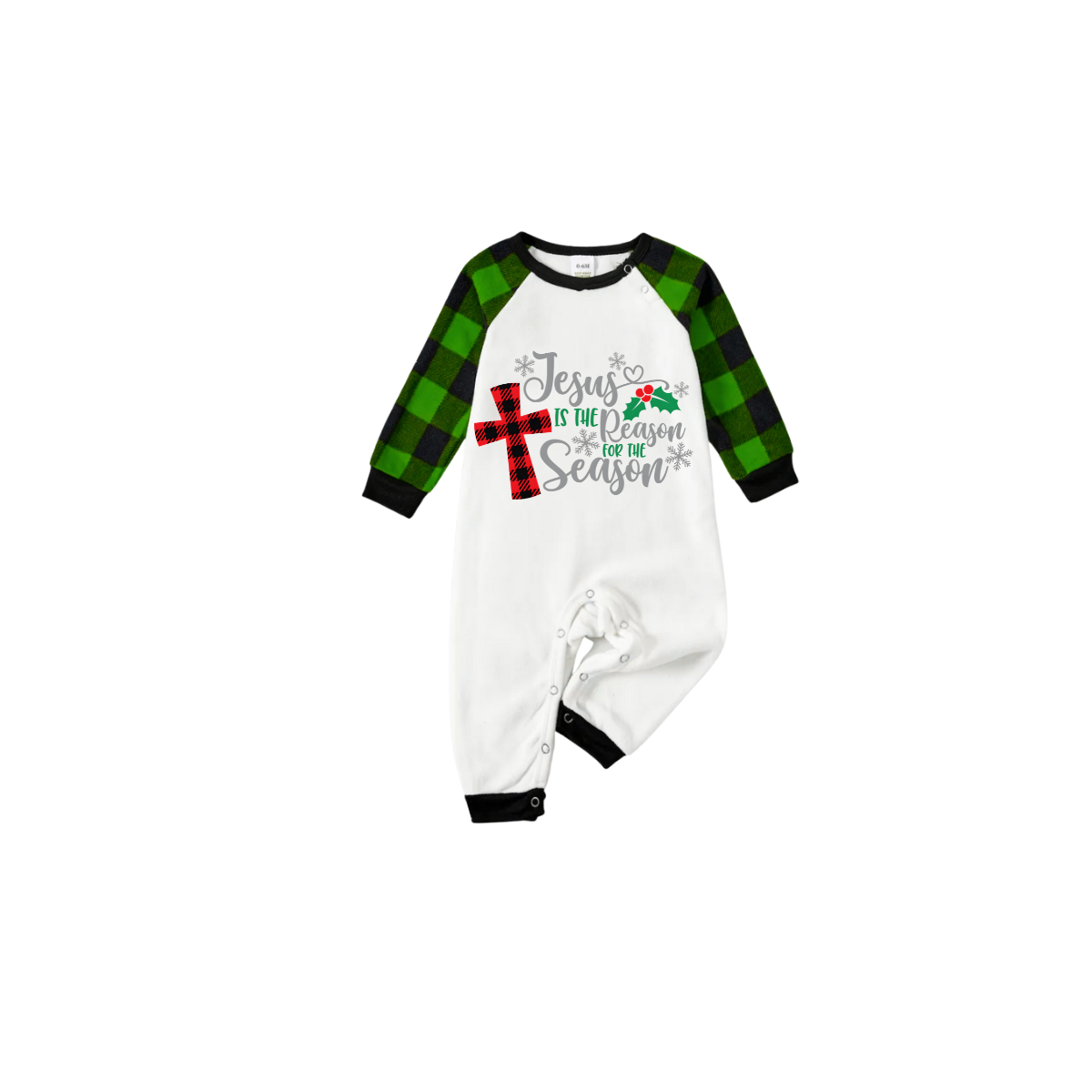 Jesus is the Reason Family Christmas Pajamas Set - White Top, Green Plaid Pants, Green Sleeves, Red Plaid Cross and Holly Print