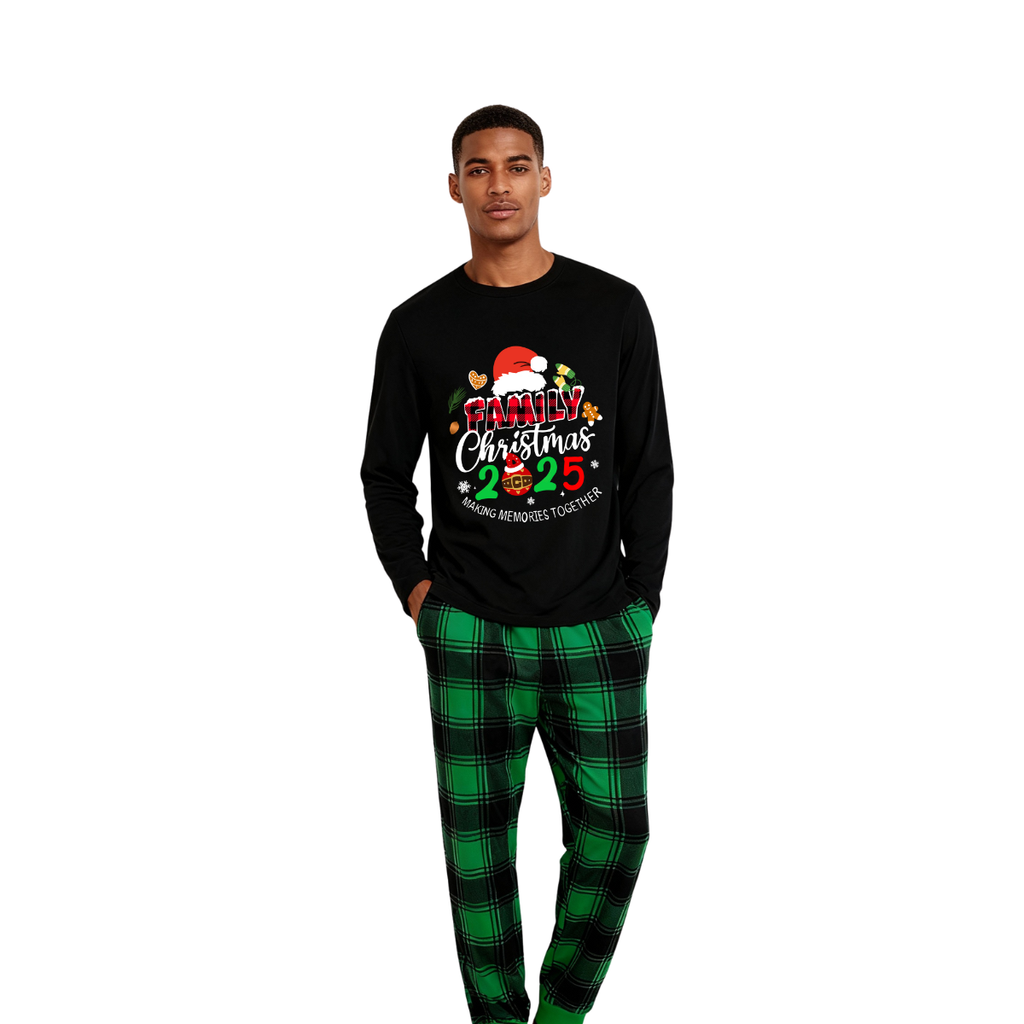 "Making Memories Together Christmas 2025" Print Black and Green Plaid Pants Family Matching Pajamas