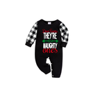 Dear Santa They're the Naughty Ones Family Christmas Pajamas Set - Black Top Black and White Plaid Pants White Text Graphic