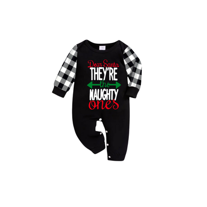 Dear Santa They're the Naughty Ones Family Christmas Pajamas Set - Black Top Black and White Plaid Pants White Text Graphic