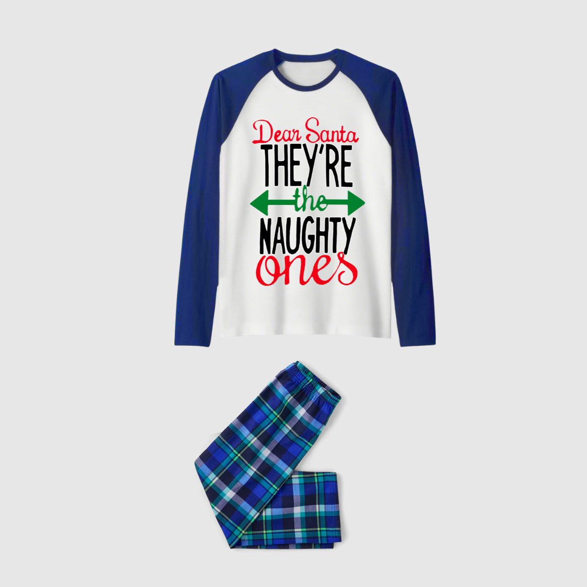 Dear Santa Naughty Ones Family Pajamas Set - White Top, Blue Plaid Pants, Plaid Sleeves
