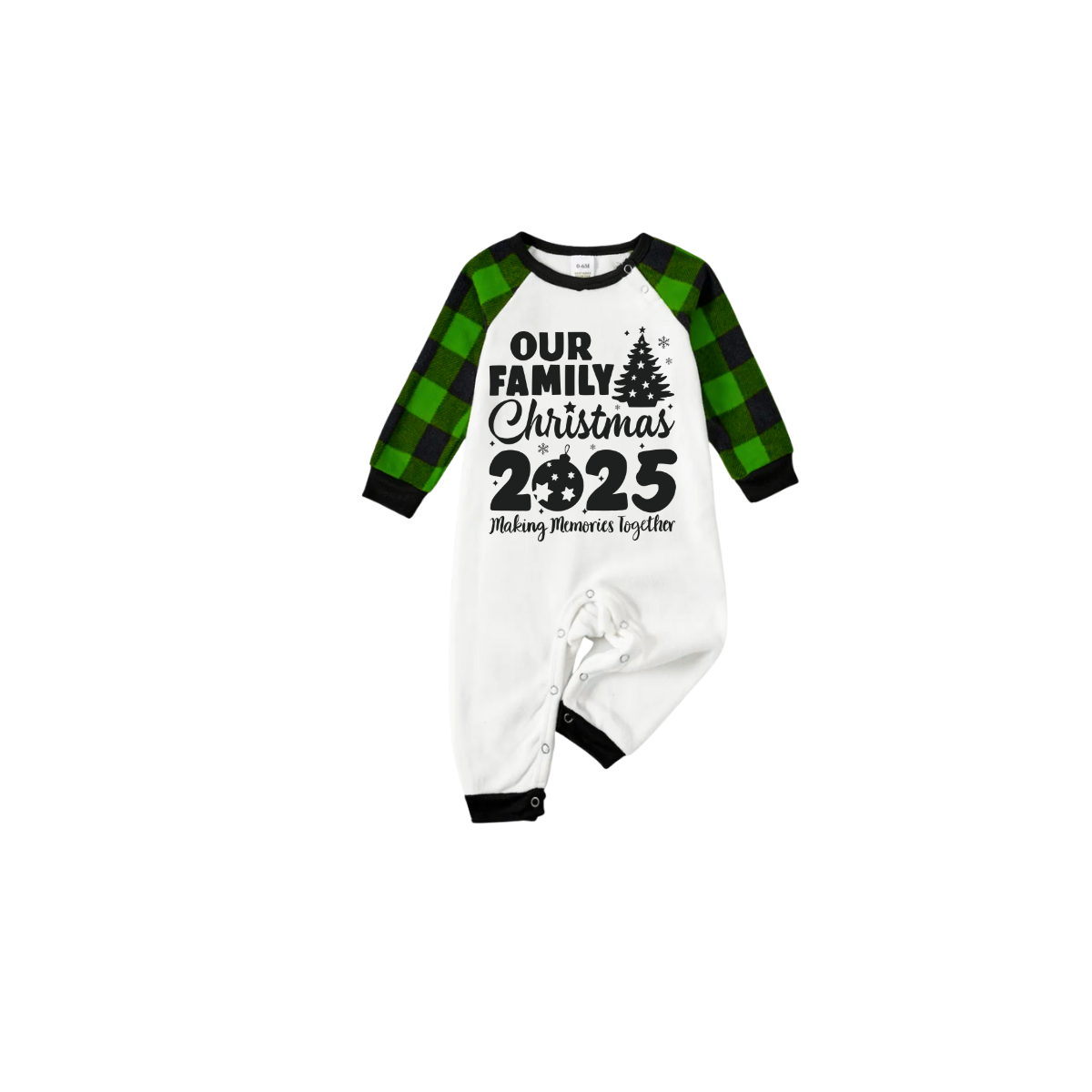 Our Family Christmas 2025 Family Pajamas Set - White Top, Green Plaid Pants, Green Sleeves, Christmas Tree and Ornaments Print