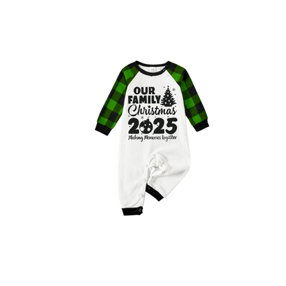 Our Family Christmas 2025 Family Pajamas Set - White Top, Green Plaid Pants, Green Sleeves, Christmas Tree and Ornaments Print