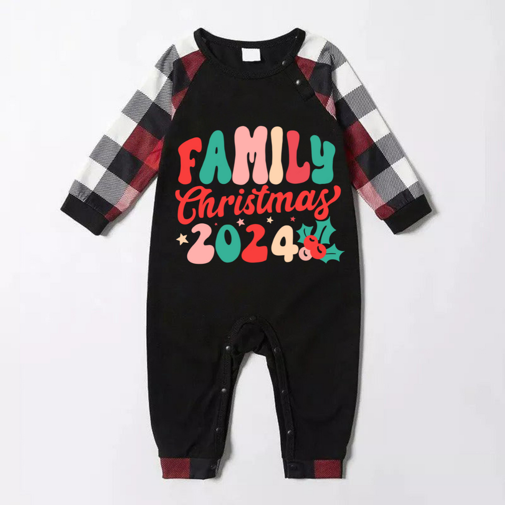 Christmas ' Family Christmas 2024' Letter Print Patterned Casual Long Sleeve Sweatshirts Contrast Tops and Red & Black & White Plaid Pants Family Matching Pajamas Set With Dog Bandana