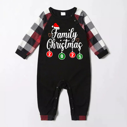 "Family Christmas" 2025 Letter Print Red & Black & Grey & White Plaid Family Matching Pajamas