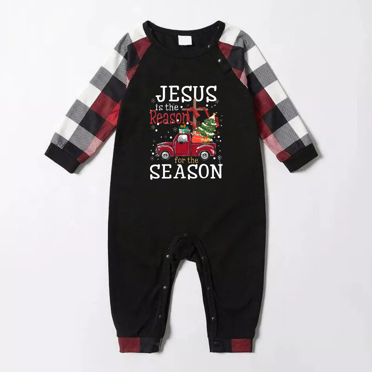 Red and Gray Plaid Christmas Pajamas Set With "Jesus is the Reason for the Season" Text Print