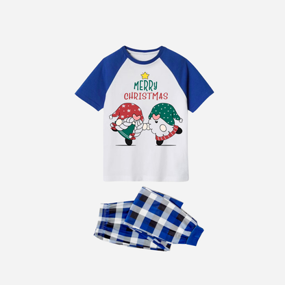 Blue Plaid Short Sleeve Christmas Pajamas Set With Gnome and Merry Christmas Text Print