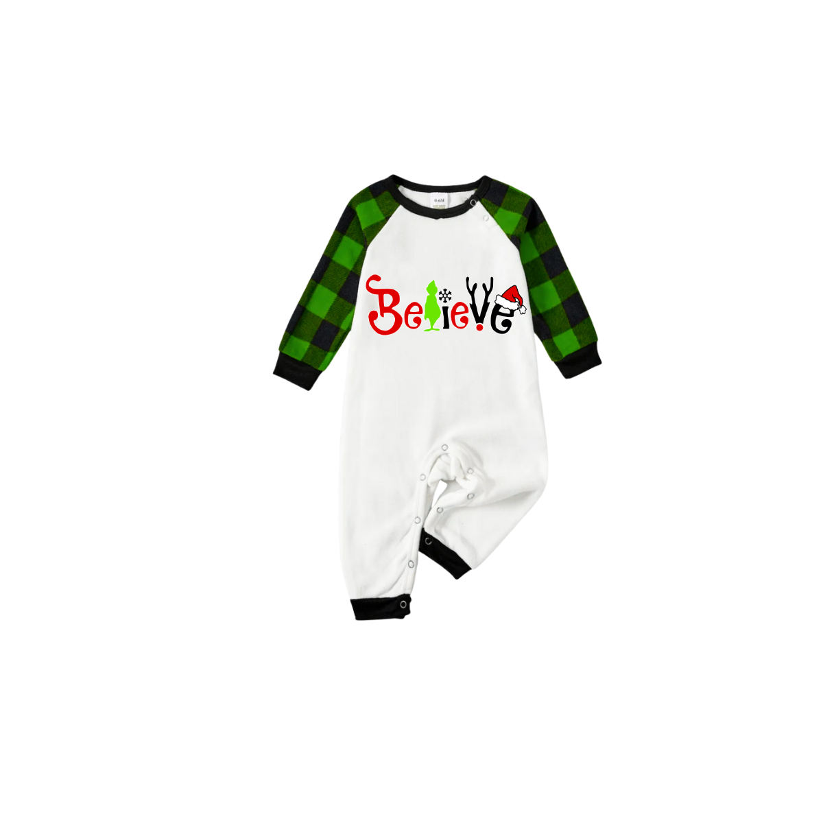 Believe Family Christmas Pajamas Set - White Top Green Sleeves Green Plaid Pants Green Red and Black Graphic
