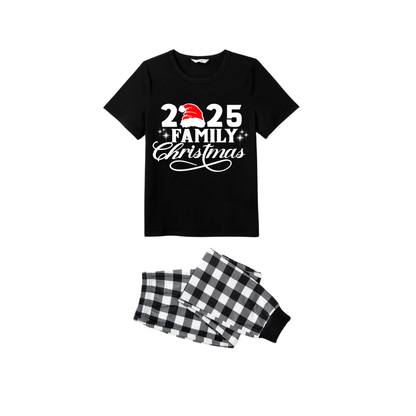 2025 Family Christmas Pajamas Set - Black Top Black and White Plaid Pants White Text Graphic