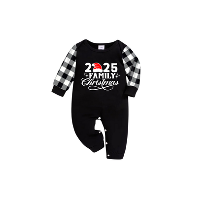 2025 Family Christmas Pajamas Set - Black Top Black and White Plaid Pants White Text Graphic