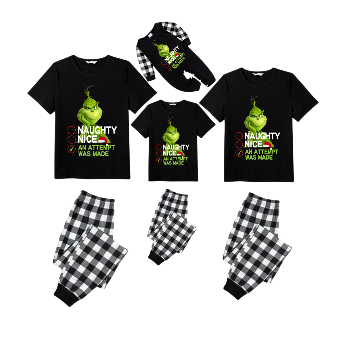 Naughty Nice An Attempt Was Made Grinch Family Christmas Pajamas Set - Black Top Black and White Plaid Pants Graphic
