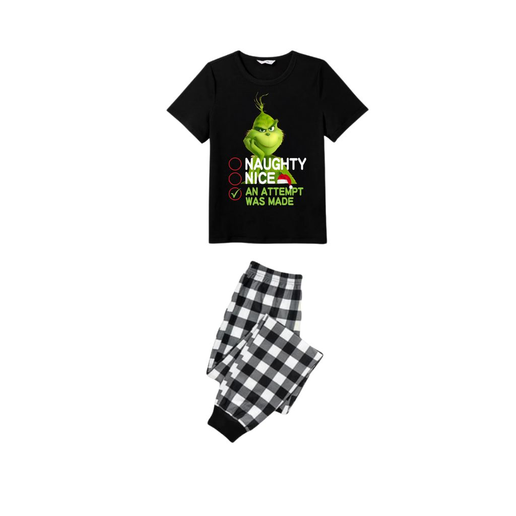 Naughty Nice An Attempt Was Made Grinch Family Christmas Pajamas Set - Black Top Black and White Plaid Pants Graphic