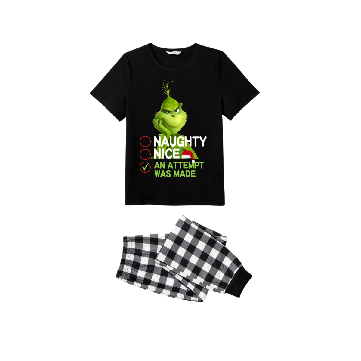 Naughty Nice An Attempt Was Made Grinch Family Christmas Pajamas Set - Black Top Black and White Plaid Pants Graphic