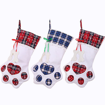 Christmas Tree Ornaments Love Dog Paw Red/Blue Plaid Christmas Stocking