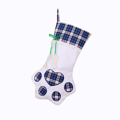 Christmas Tree Ornaments Love Dog Paw Red/Blue Plaid Christmas Stocking