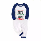 'Dear Santa They Are The Naughty One' Letter Print Casual Long Sleeve Sweatshirts Blue Sleeve Contrast Tops and Blue Plaid Pants Family Matching Pajamas Sets With Dog Bandan