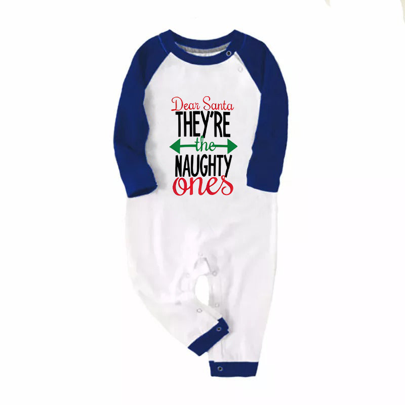 'Dear Santa They Are The Naughty One' Letter Print Casual Long Sleeve Sweatshirts Blue Sleeve Contrast Tops and Blue Plaid Pants Family Matching Pajamas Sets With Dog Bandan