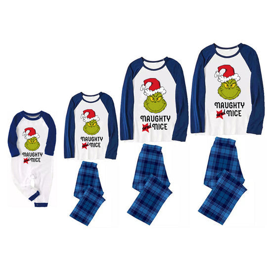 'Dear Santa They Are The Naughty One' Letter Print Casual Long Sleeve Sweatshirts Blue Sleeve Contrast Tops and Blue Plaid Pants Family Matching Pajamas Sets With Dog Bandan
