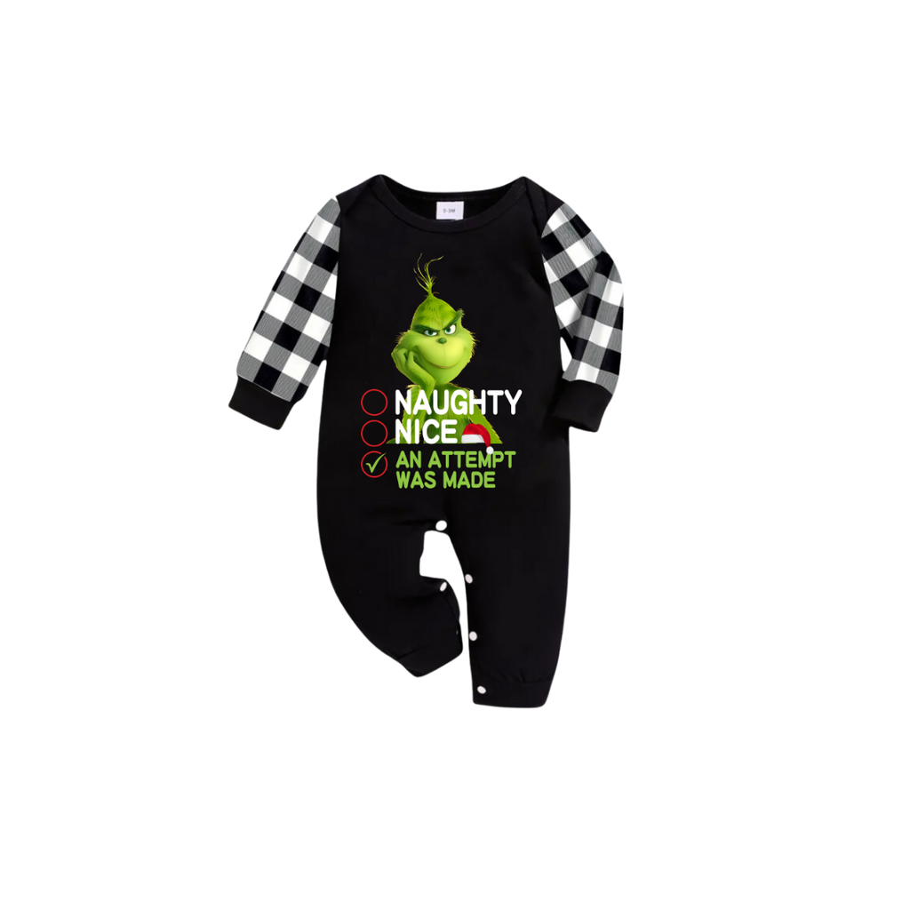 Naughty Nice An Attempt Was Made Grinch Family Christmas Pajamas Set - Black Top Black and White Plaid Pants Graphic